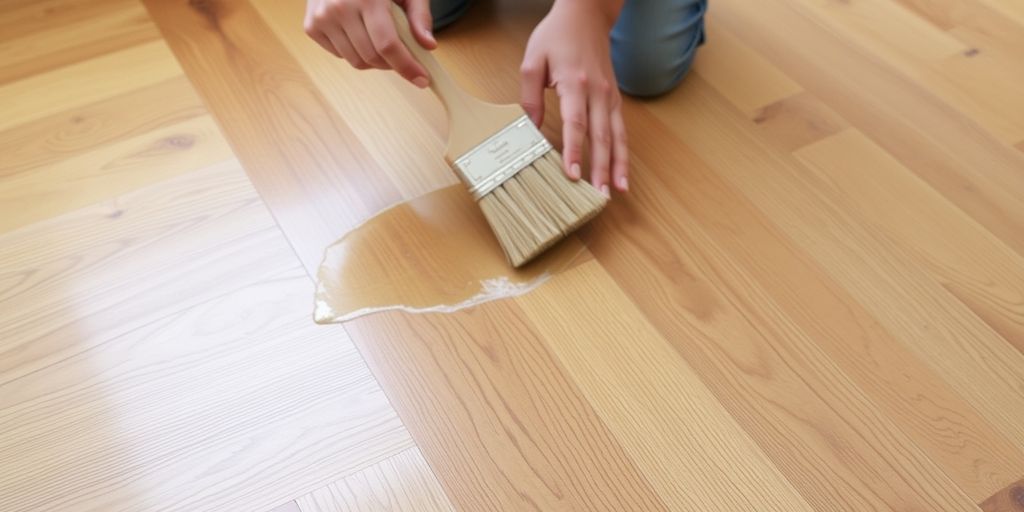 Applying polyurethane on hardwood floor for a glossy finish.