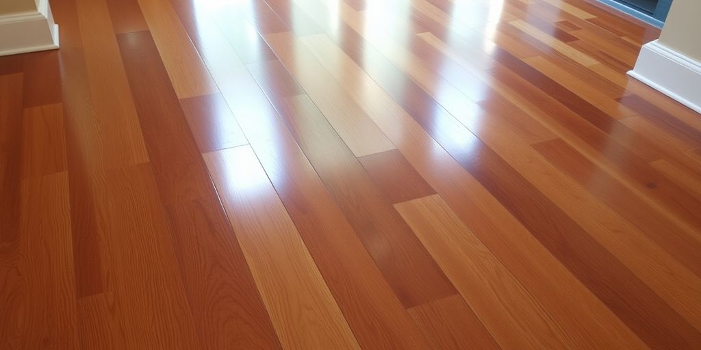 Glossy hardwood floor with polyurethane finish.