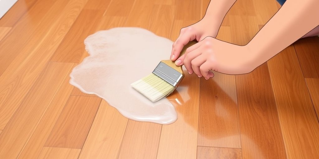 Applying polyurethane on hardwood floor with a brush.