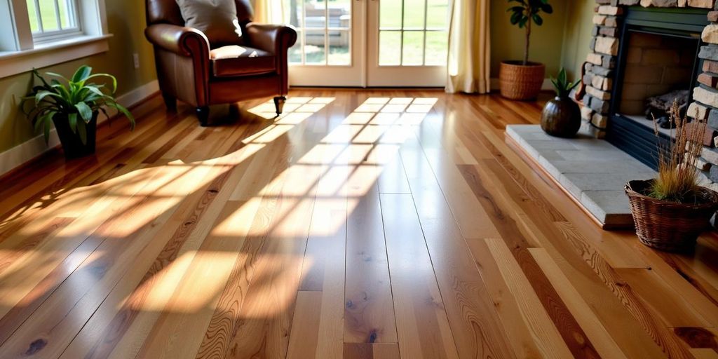 Living room with hardwood floors in various stain colors.