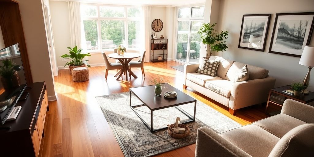 Living room with polished hardwood floors