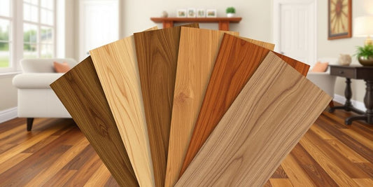 Hardwood floor samples in different stain colors.