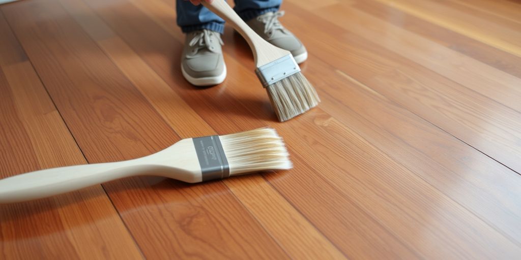 Person applying poly on hardwood floor with brush.