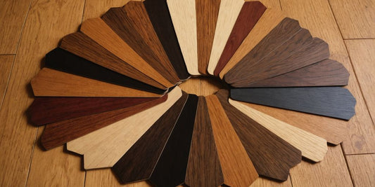 Various hardwood floor stain samples in a fan shape.