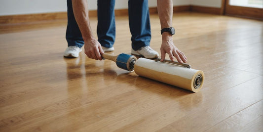 Applying polyurethane on wooden floor with roller