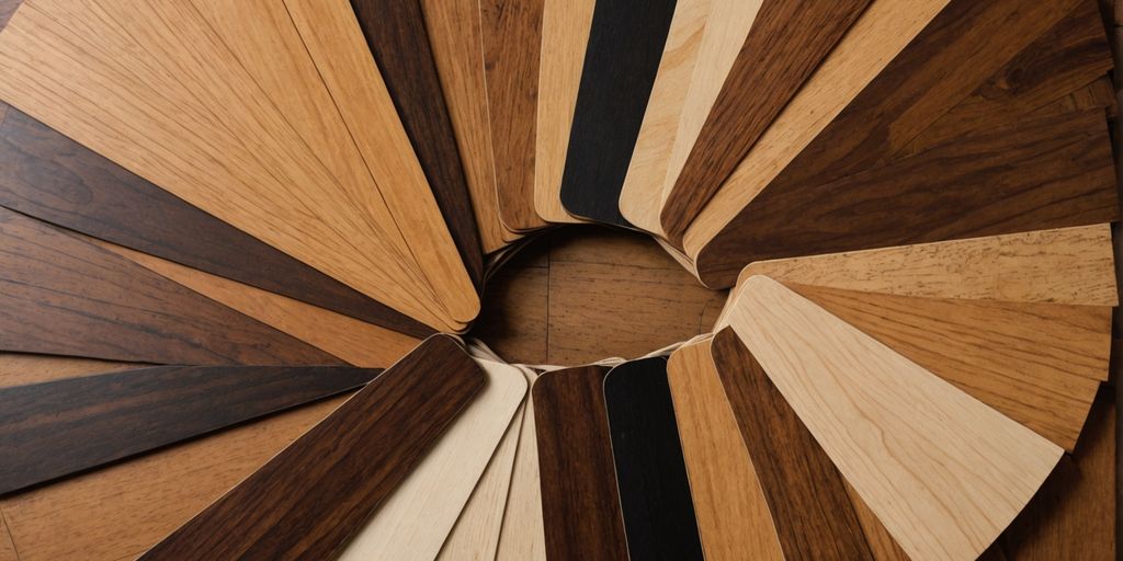 Various hardwood flooring samples in a fan shape.